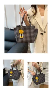 Plaid tote bag with cute yellow plush pendant, stylish large capacity shoulder bag for women.