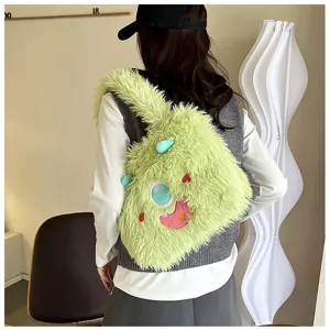 Cute fluffy little monster plush shoulder bag for women, soft furry large capacity tote bag.