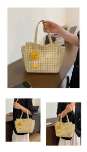 Casual yellow plaid tote bag with cute furry charm, stylish large capacity shoulder bag for women daily wear