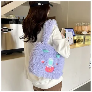 Cute purple plush monster shoulder bag for women, fluffy soft daily tote bag for students.