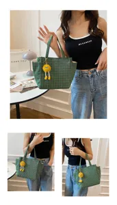 Green plaid knit tote bag with cute yellow pendant, casual large capacity shoulder bag for women.