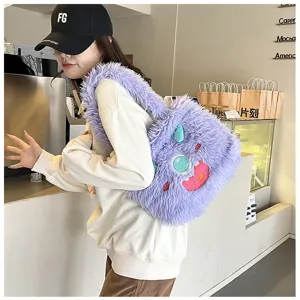 Cute purple fluffy monster shoulder bag for women, soft plush daily casual handbag