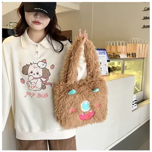 Fuzzy brown monster tote bag for women, cute plush shoulder bag with big eye design.