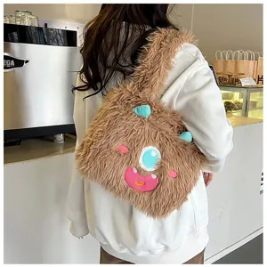 Cute brown fluffy monster plush shoulder bag for women, soft fuzzy large capacity daily tote purse.
