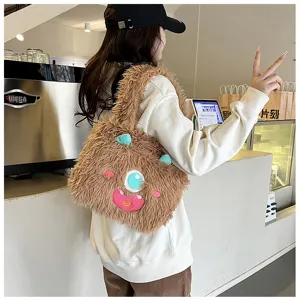 Cute plush monster shoulder bag for women, fluffy cartoon handbag with large capacity daily.