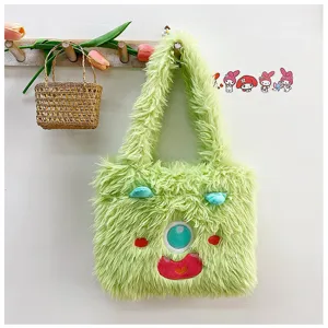 Cute green fluffy monster plush tote bag, large capacity soft furry shoulder bag for women.