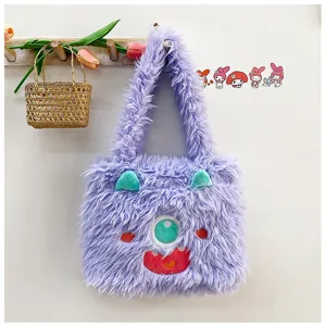 Cute purple plush monster shoulder bag for women, fluffy large capacity tote handbag daily use.