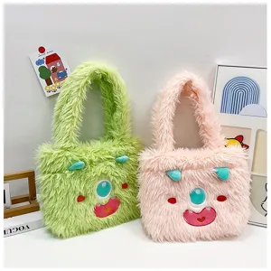Detailed shot of cute fluffy monster plush handbags in green and pink, perfect for daily use.