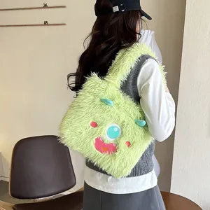 Women Cute Monster Plush Shoulder Bag Large Capacity Fluffy Tote Handbag Cartoon Casual Messenger Bag For Students