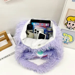 Purple fluffy monster tote bag, cute plush shoulder handbag with large capacity for daily use.