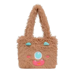 Cute fluffy monster plush handbag for women, soft furry shoulder tote bag with big eye.