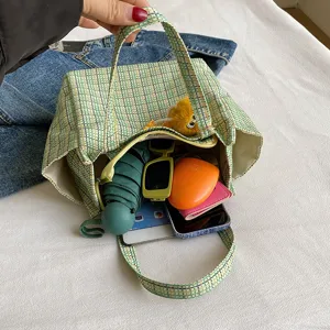 Green plaid woven tote bag large capacity shoulder bag casual daily handbag for women