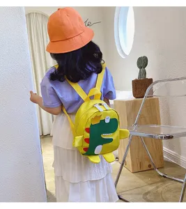 Cute cartoon dinosaur children backpack detailed view, adorable kids school bag daily use.