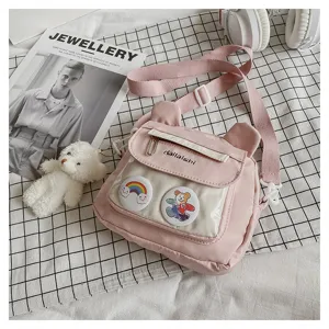 Cute pink nylon cross body bag with bear ears transparent pocket sweet student style shoulder bag