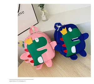 Children cute cartoon dinosaur backpack detailed view showing pink and blue dual colors design.