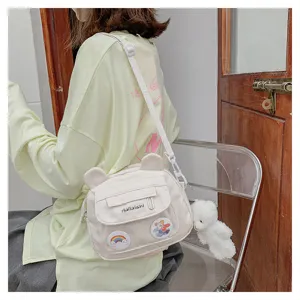 Cute nylon messenger bag for women, sweet Japanese style daily shoulder crossbody bag with bear.