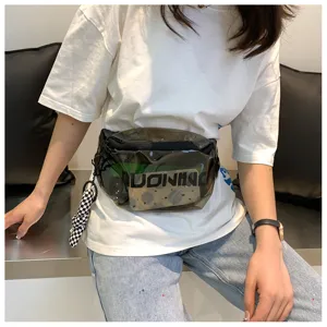 Transparent PVC waist bag for women, stylish streetwear chest bag with checkerboard keychain.