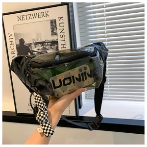 Transparent black PVC fanny pack detail, stylish streetwear chest bag with checkerboard decor.