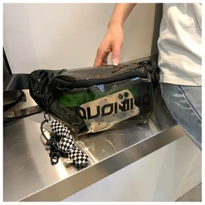Detail view of transparent PVC waist bag showing clear texture and trendy checkered charm.