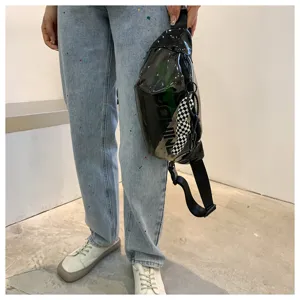 Black glossy PVC transparent chest bag, stylish street style casual sling waist bag.