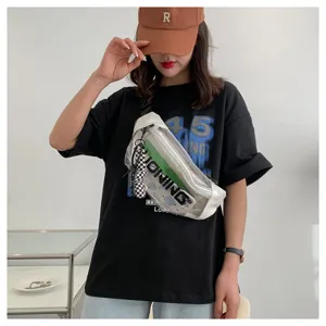 Transparent PVC crossbody waist bag, trendy street style, versatile clear chest bag for daily wear.