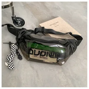 Black transparent PVC waist bag, casual streetwear chest bag with adjustable strap.