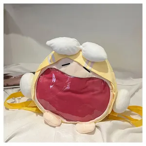 Süßer japanischer Plüsch-Rucksack mit transparentem PVC-Fenster und gelben Trägern für Mädchen.