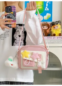 Cute pink canvas crossbody bag for women casual ins style shoulder bag with plush star decor