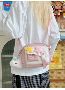 Cute pink crossbody bag detailed view, stylish casual phone bag for women and students daily.