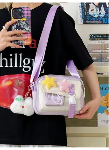 Cute kawaii canvas crossbody bag for women, purple and white daily casual shoulder bag with stars.