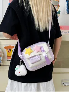 Cute pastel purple crossbody bag with fluffy star charms and plush bunny pendant for daily wear.