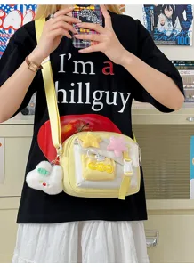 Cute yellow canvas crossbody bag for women, summer lightweight mini shoulder bag with plush stars.