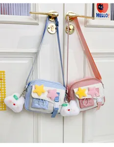 Cute aesthetic canvas crossbody bag with plush star and cloud pendant for girls daily use