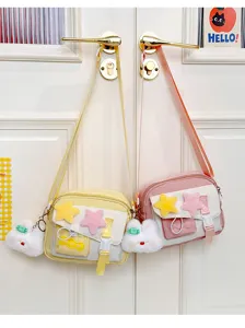 Cute sweet girl canvas crossbody bag with plush star and bunny pendant for daily casual use.
