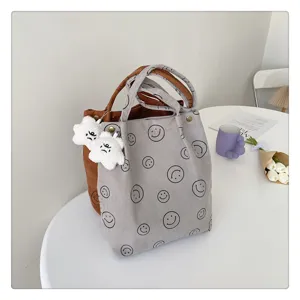 Large capacity corduroy tote bag cute smile pattern casual student handbag aesthetic design
