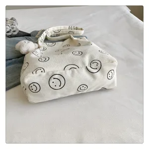 Detailed shot of white corduroy tote bag with cute smiley face print and plush bear pendant.