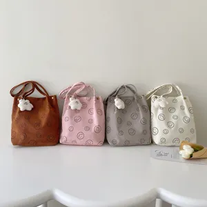 Corduroy tote bag for women large capacity casual shoulder bag cute smiley face design handbag