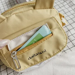 Cute yellow nylon crossbody bag with cute little ears and front zipper pocket for daily wear.