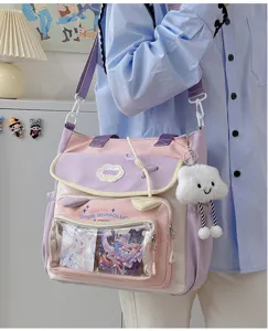 Detailed view of cute canvas dopamine pain bag with transparent window and fluffy cloud charm.
