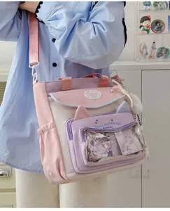 Cute aesthetic canvas shoulder ita bag with cat ears and transparent display window