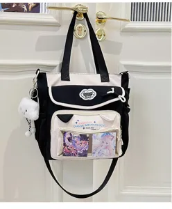 Cute black and white canvas ita bag with clear window, large capacity school shoulder bag.