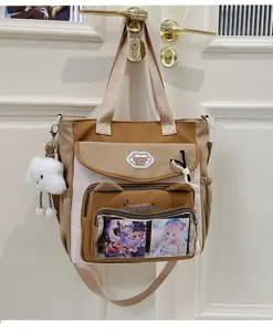 Cute canvas ita bag with clear window, cat ears, and large capacity for daily school use.