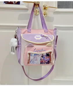 Cute pastel ita bag with transparent window, pink and purple canvas school backpack for teen girls