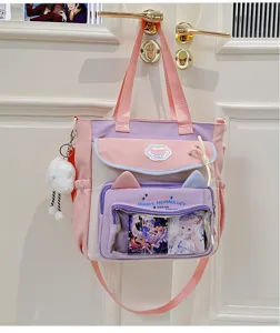 Cute ita bag large capacity canvas tote bag pastel aesthetic shoulder bag with clear window