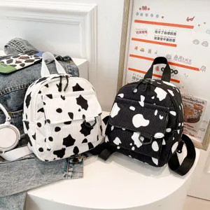 Modischer Mini-Rucksack aus Kord mit süßem Kuhmuster, lässige Schultasche für Frauen