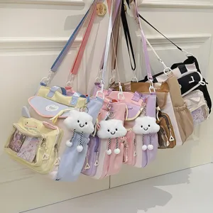 Cute canvas student shoulder bag large capacity pain bag with transparent pocket and cloud pendant