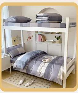 Cozy blue and grey plaid bedding set displayed neatly on a student dormitory bunk bed, soft style.