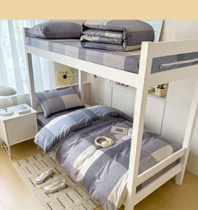 Cotton student dormitory bedding set, gray plaid duvet cover, comfortable home textile.