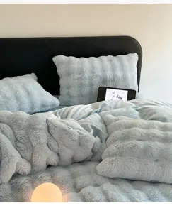 Faux rabbit fur plush 4 piece bedding set, soft warm coral fleece duvet cover winter.