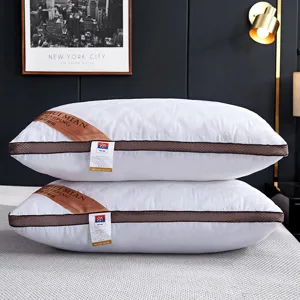 Luxury hotel pillow pair with quilted white fabric and brown piping for comfortable neck support.